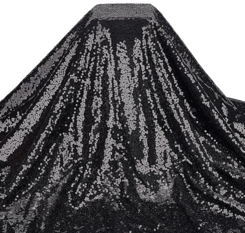 GOMAKERER Tessuto con Paillettes Nero 2m Tagliato su Misura, Tessuto Glitterato 1.2m Larghezza 3mm Maglia Più Densa Tessuto Sirenetta Tessuto In Poliestere Scintillante per Abiti Da Sposa Decorazioni