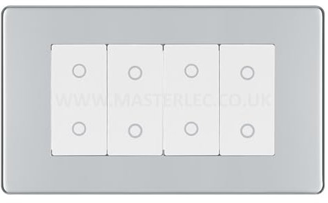 BG FPCTDM4W Polished Chrome Screwless 4 Gang Quad Master Touch Dimmer Switch White Inserts