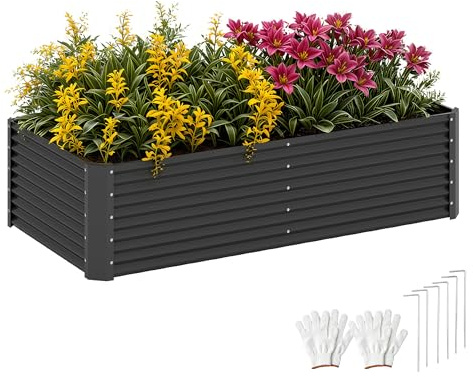DWVO Raised Beds for Garden,870L Raised bed Metal,0.35mm Galvanised Steel galvanised planter with Safety Edging&4pcs Support Rod for Garden Vegetables Fruit(Black 180X90X54CM)
