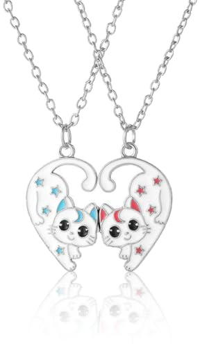 JEYORZY 2PCS Amitié Pendentif Collier Ensemble, Bijoux Collier Pendentif Puzzle Coeur Separable Detachable Chat Acier Inoxydable Amitié Amoureux Couple, Meilleur Ami Cadeau D'anniversaire collier bff