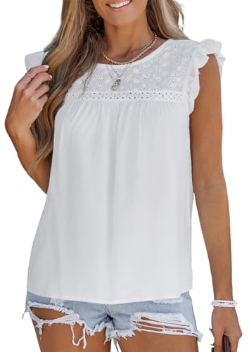 CUPSHE Camicetta da donna in pizzo con volant manica ad aletta ricamata con occhielli top estivo vestibilità ampia casual boho camicia in cotone, bianco, M