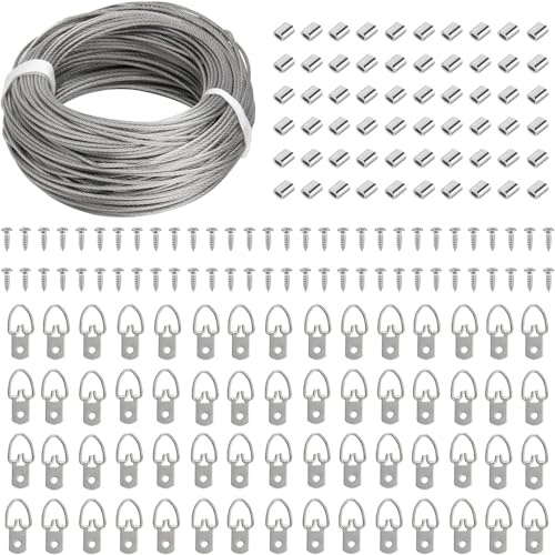Picture Hanging Wire Kit, 100 FT Braided Hanging Wire, 60pcs D Ring Picture Hangers , 60pcs Aluminum Crimping Loop Sleeve, 60pcs Screws, for Hanging Pictures Painting Hanging Kit Photo Frames