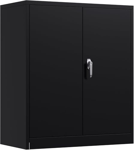 PortoAlegre Armoire de rangement en métal avec portes verrouillables, armoire de garage en acier avec 2 étagères réglables, armoire murale à outils, pour garage, bureau, maison, noir, 90 x 80 x 40 cm