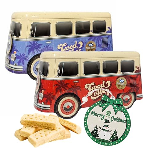 Camper Van Shortbread Biscuit Tin - 1 x 320g Randomly Selected Red or Blue Tin with Scottish Shortbread Cookies & Topline Tree Ornament for Stocking Fillers, Christmas Gifts for Camper Van Lovers