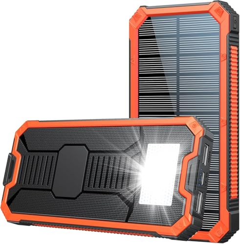 Batterie Externe Solaire 10000mAh, Power Bank Portable Noir avec 2 Ports USB, Lampe de Poche LED, Mousqueton, Chargeur Imperméable pour Téléphone et Tablette, Charge Rapide, Écran LED