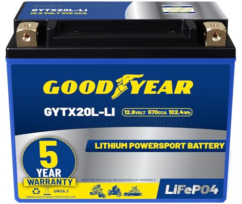 Goodyear GYTX20L-LI Lithium LiFePO4 12.8V 570CCA Rechargeable High Performance Powersport Battery with Smart BMS Replacement for Motorcycle, ATV, UTV, Scooter, Watercraft, Jet Ski, and Snowmobile