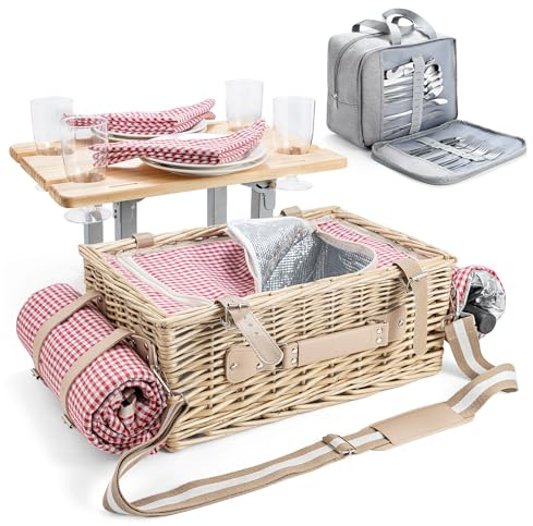 Wicker Picnic Basket Set for 4 with Detachable Table, Portable Utensil Bag