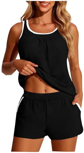 Haut de Maillot de Bain Femme Noir Tankini Shorty Maillot Bain Tankini Deux Pièces pour Femme,avec Rembourrage Poitrine,sans Armatures,Style Robe Grande Taille Maillots (Black,L)