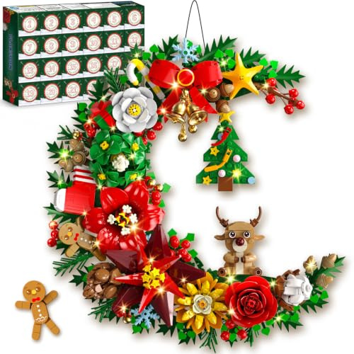 PLAXSOON Calendrier de l’Avent 2026 Couronne de Noël à Construire Lumineuse | 24 jours de briques à construire avec sapin, fleurs et plantes, décoration murale de Noël, cadeau pour adultes et filles 12+