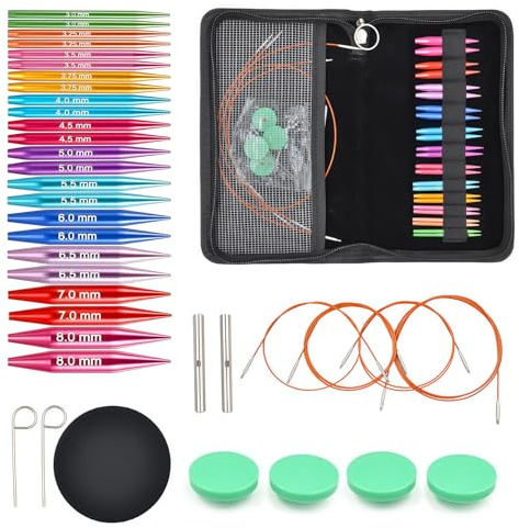 Qxtey Lot d'aiguilles à tricoter circulaires courtes interchangeables - Pour chaussettes - Pull - En aluminium - Mini aiguilles à tricoter circulaires interchangeables - 3 à 8 mm de diamètre - 4