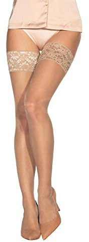 VIENNE MILANO Sheer Thigh High Stockings, Hold-ups, Stay ups - 15 Denier (Made in Italy) (Nude, Small)