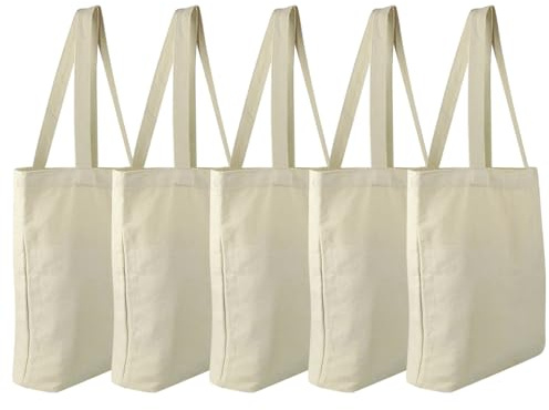 Faylapa 6 Pack Canvas Tote Bags, Heavy Duty Reusable Grocery Shopping Bag 13.6x 15.3 Blank Cotton Bags for Decorating Christmas Crafts DIY, Painting(Beige)