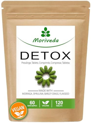 MoriVeda Moringa Detox Tabletten 900mg, 120 Stück, mit Moringa, Leinsamen, Gerstengras und Spirulina zur Entschlackung und Entgiftung, vegan und glutenfrei 120 Stück