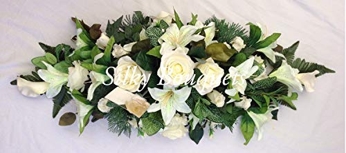 Silky Bouquets Artificial Silk Funeral Flower Coffin Spray Tribute Casket Topper Wreath Lily (White, 36)