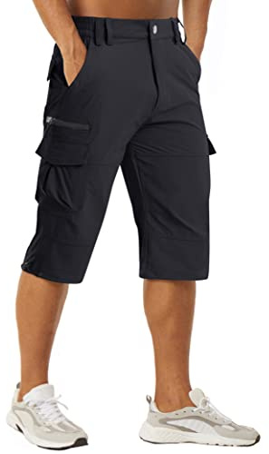 MAGCOMSEN Snabbtorkande arbetsshorts för män utomhus 3/4 capribyxor blixtlåsfickor vandring klättring shorts, Svart, 42