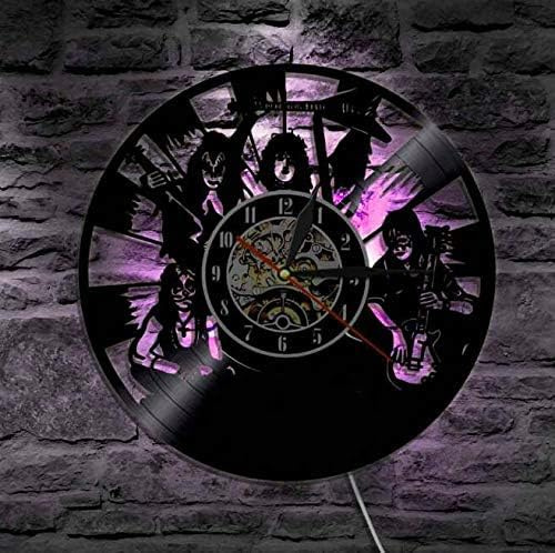 Smotly Vinyl Wanduhr, KISS Bandform Thema Rekord Wanduhr, handgemachte kreative Farbe Nachtlicht 7-Farben-Dekoration zu Hause Wanduhr Geschenk,with Light 9,E5