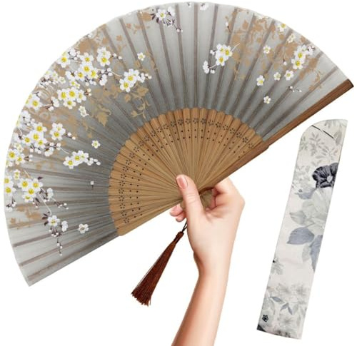 OMyTea Hand Fan Foldable for Women, Japanese Chinese Fan, Gray Sakura