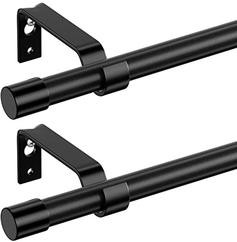 Curtain Rods for Windows 28 to 48 inch, Black Curtain Rod 2 Pack, 5/8 Diameter Metal Curtain Rod Set of 2 with Brackets, Splicing Adjustable Curtain Rod for Bedroom, Living Room, Kitchen, Black