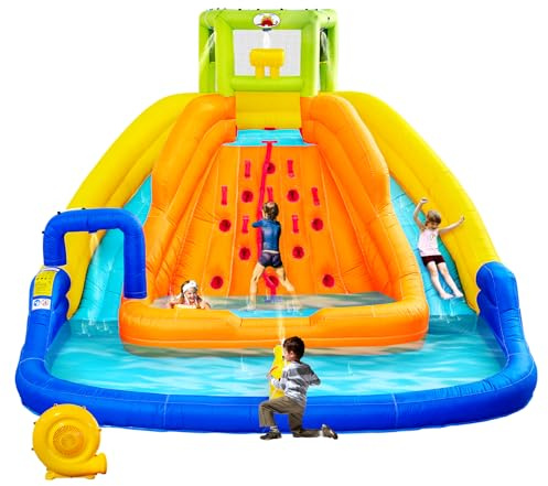 WELLFUNTIME Inflatable Water Slide, Bounce House with Water Bucket, Deep Pool, Climbing Wall with Rope, Bouncy Castle with Air Blower