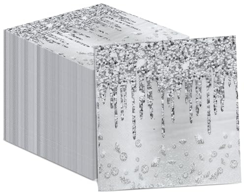 100PCS Silver Party Paper Napkins Happy Birthday Supplies Glitter Decorations Silver Diamond Theme Disposable Paper Lunch Napkins for Adults Kids Birthday Wedding Bridal Shower Favors