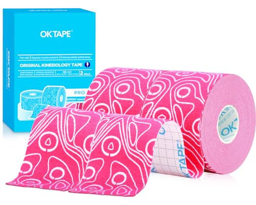 OK TAPE PRO Kinesiologico tape,nastro kinesiologico sport nastro adesivo impermeabile ed elastico athletic tape 5cm x 5m (2 Rotoli,Rosa)