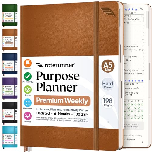 Roterunner Purpose Planner Notebook A5 5.8”x8.3” Undated 2026 Daily Weekly and Monthly Productivity Goal Setting Tool for Work Home ADHD Planner for Adults Self Care Journal (Tan Hardcover)