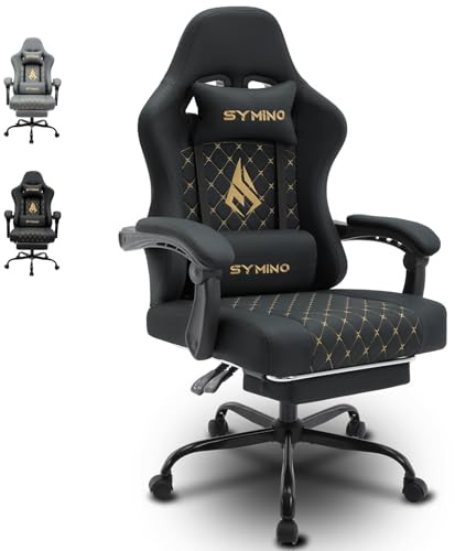 Symino Gaming Chair with Footrest, Ergonomic Computer Chair with Lumbar Support, Head Rest, PC Chair for Adults, PU Leather Game Chairs, Adjustable Swivel Task Chairs, Black