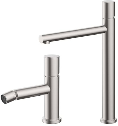 Set miscelatori lavabo alto e bidet satinato senza leva in acciaio inox, manopola rotante e indicatori per l’acqua, GEMINI