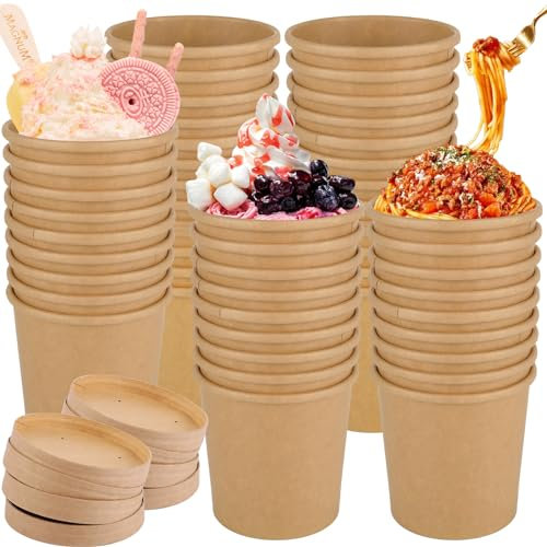 LDHHYH 50 Stück Pappbecher mit Deckel, Suppenbecher 480ml Pappbecher, Einweg Eisbecher Pappe Pappbecher Speisebecher, Braun Pappbecher für Suppe Salat Nachtisch Vorspeisen