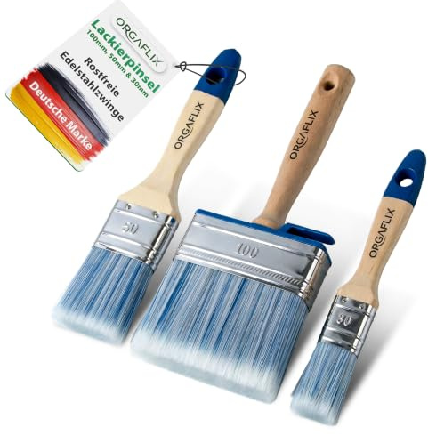 ORGAFLIX Set di pennelli per superfici di alta qualità, 100 mm, 50 mm, 30 mm, senza perdita di setole, pennello per vernice, per esterni, per pittura, per mobili, verniciatura, pennello piatto