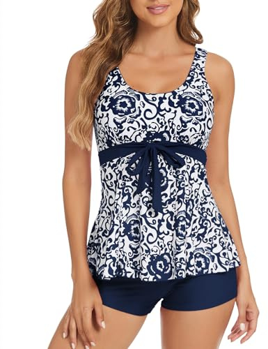 Genfien Dam tankini-set tryckt topp hög midja pojkshorts, marinblå, XXL
