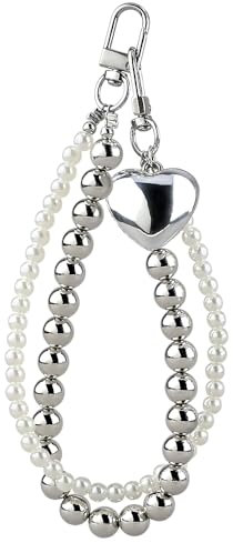 Süß Schlüsselanhänger Damen Weiß Perlen Silber Perlen Herz Anhänger Taschenanhänger Bag Charm Doppelte Kette Y2K Schlüsselanhänger Mädchen Key Chain Cute Keychain Aesthetic Autoschlüsselanhänger