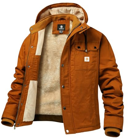 CHEXPEL Mens Fall and Winter Utility Jacket Relaxed Fit Work Coat Fleece Lined Hooded canvas Jacket