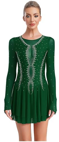 Miutii Eiskunstlauf Kleid Damen Glitzer Ballettkleid Langarm Rollschuhkleid Eislaufkleid Strass Patchwork Tanzanzug Wettbewerb Tanzkostüm Grün M