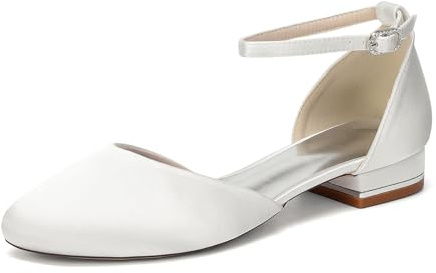 TNMIUH Chaussures de mariée Plates Confortables en Satin à Talons Bas pour Femmes - Chaussures de Mariage Plates élégantes à Bride réglable à la Cheville Chaussures habillées