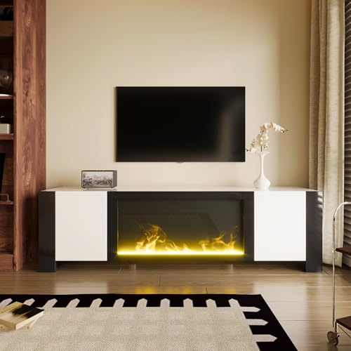 GigaXynium Armario para TV, mueble bajo con chimenea eléctrica efecto llama, sin función de calefacción, acabado de alto brillo, armario para TV del mismo color