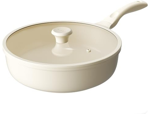 Redchef Ceramic Frying Pan with Glass Lid, Nonstick Deep Saute Pan for All Stovetops, Healthy Cooking Pan, Ergonomic Handle, Fast Even Heating, Splatter Prevention, Oven Safe, Beige (5.2Qt, 12)