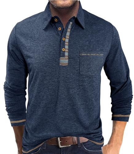 PRIVIMIX Mens Polo Shirts Long Sleeve Basic Golf Rugby Shirt with Pocket Casual Polos T-Shirts Work Tops with Plaid Collar M-3XL