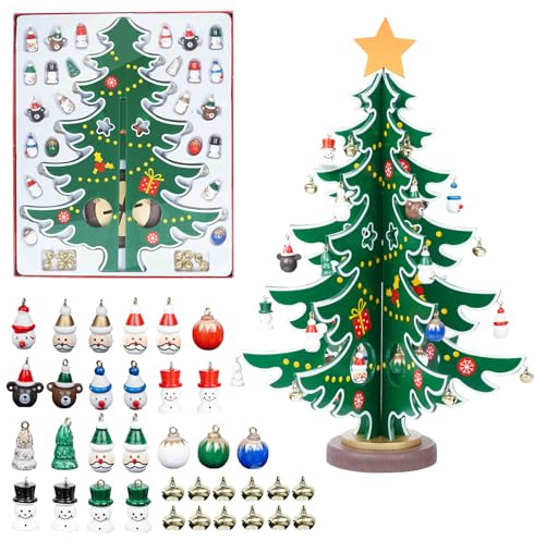 Calendrier de l'Avent - Mini sapin de Noël en bois - Avec 36 ornements - Pour adultes et enfants - Décoration d'intérieur