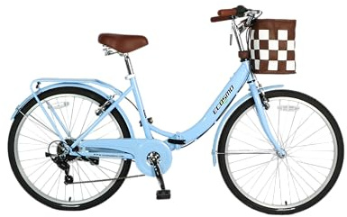 ECOSMO 26 Ladies Folding Bike,Women's bike with 7-Speed Shimano Gears, Sturdy Fold Up Bike for City Commute, Folding Bicycle with Rear Rack+ Front Basket, Fitness Bike for Adults 150-180cm (Blue)
