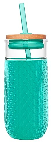 Ello Devon Glass Tumbler , Protective No Sweat Silicone Sleeve and Splash Proof Wooden Detail Lid with Straw, 18 oz