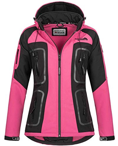 Arctic Seven Dam softshell funktionell utomhus regnjacka sport huva AS181, Rosa-svart, XL