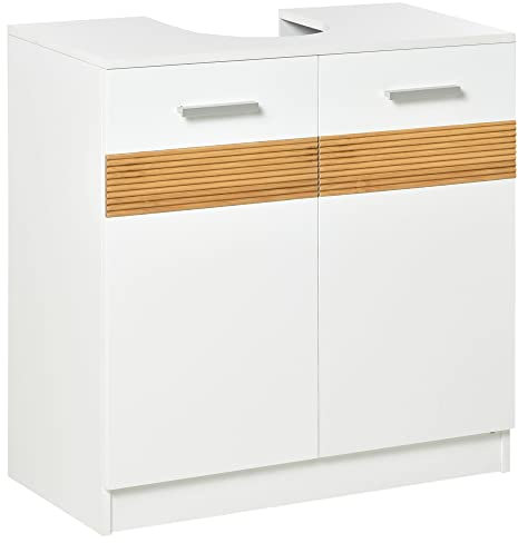 kleankin Meuble Salle de Bain sous lavabo - Meuble sous-Vasque - Style Cosy Chic Bandeau 10 bambous Placard 2 Portes avec étagère MDF dim. 60L x 30l x 60,5H cm Blanc