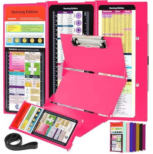 Nursing Clipboard Foldable with Medical Edition Cheat Sheets, 3 Layers Aluminum Foldable Clipboard for Nursing, Notepad for Students, Nursing School Essentials (Pink)
