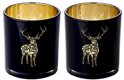 EDZARD 2er Set Teelichtglas Fancy, Höhe 8 cm, Durchmesser 7,5 cm, außen schwarz, innen Gold, Teelichthalter, Windlicht mit Hirsch-Motiv