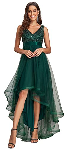 Ever-Pretty Robe pour Mariage Invité Femme Longue Paillettes Tulle Col V Asymétrique A Line Brillante Vert Foncé 46