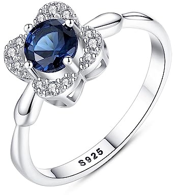 Bellitia Jewelry Bague Femme en Argent 925 Plaqué Rhodium con Sri Lanka Saphir Bleu & Zirconium Élégant Bague Désign Fleur pour Amitié Fiançailles Mariage Alliance Anniversaire Bijoux