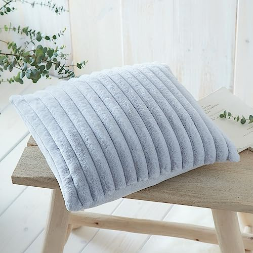 Appletree Faux Fur Cushion – Light Grey Stripe Rabbit Fur Texture – 43x43cm Super Soft Decorative Pillow with Filling – Luxury Lined Cushion for Sofa, Bed or Chair – Elegant Home Accent