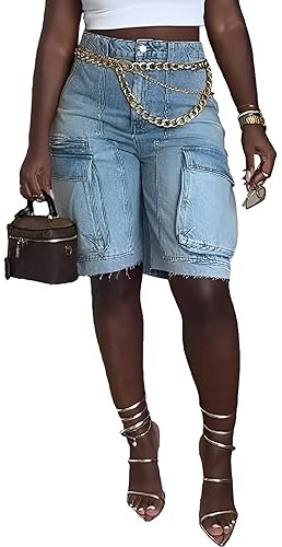 NRTHYE Women's Denim Cargo Shorts Casual Bermuda Shorts High Waisted Fashion Casual Jean Shorts