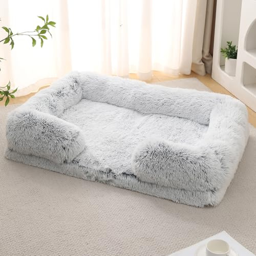 Panier pour Chien Dehoussable et Lavable,Lit pour Chat Orthopedique,Couverture de Protection pour Canapé,Bords Rehaussés,Coussin Chien Anti Stress Doux et Moelleux (105X65X20cm,Gris Claire)
